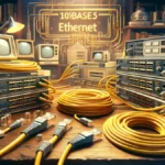 Conceptual representation of the 10Base5 Ethernet implementation. It reflects the early adoption of Ethernet technology, highlighting the historical computing environment and the characteristic thick coaxial cables of 10Base5.