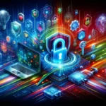 Colorful and dynamic depiction of Pass-Through Authentication in a digital network environment, showcasing secure data transfer and encrypted connections.