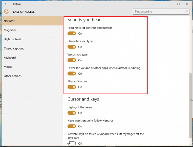 Managing Accessibility options in Windows 10