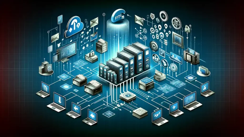 FTAM Protocol. This image visually encapsulates the concept of FTAM, showcasing elements such as a network of computers and file management operations.