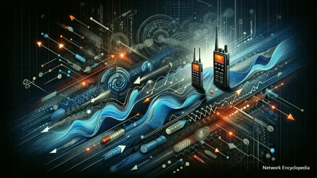Half-Duplex Communication: This image, which incorporates network devices and infographics elements set against a digital-themed background, visually conveys the foundational principles of half-duplex communication.
