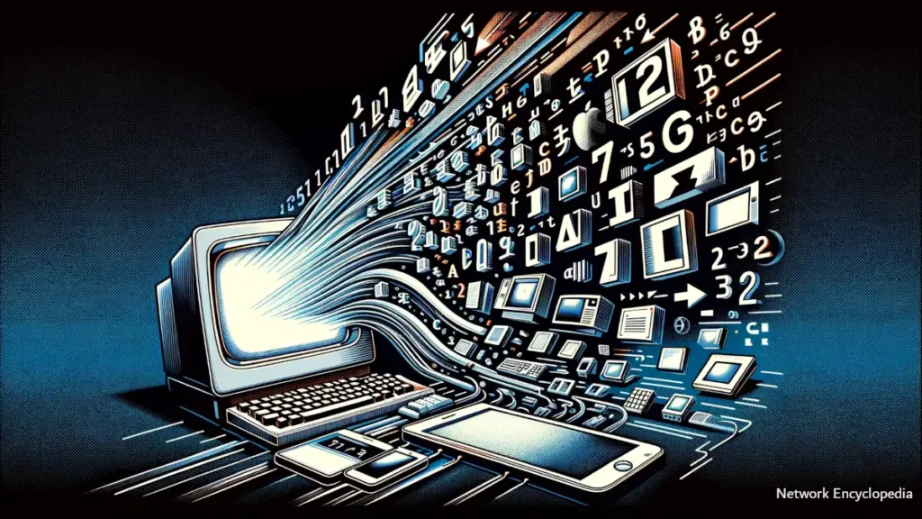 The concept of ASCII in modern computing and telecommunications, showcasing ASCII characters flowing from a classic computer monitor into modern devices like smartphones and tablets.