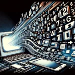 The concept of ASCII in modern computing and telecommunications, showcasing ASCII characters flowing from a classic computer monitor into modern devices like smartphones and tablets.