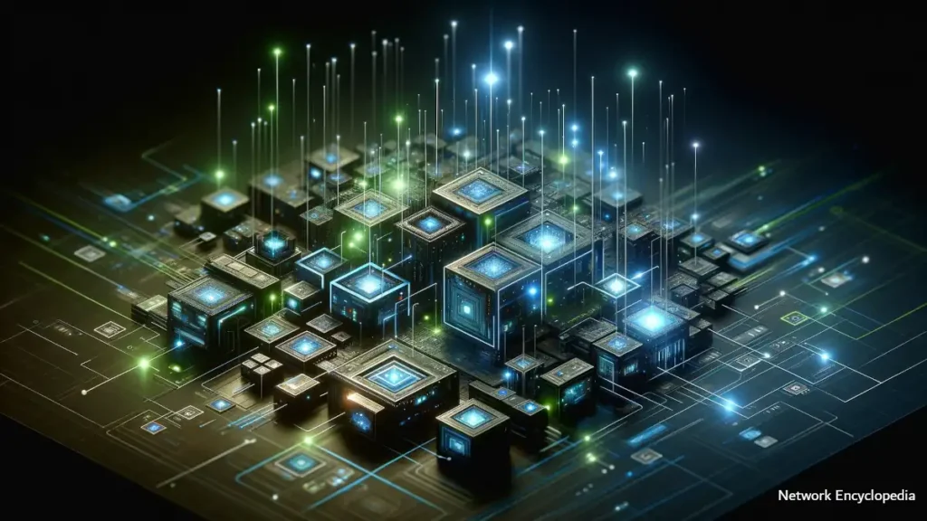 Component Object Model: This image encapsulates the abstract and futuristic essence of COM, highlighting the modular, interoperable nature of binary software components and their seamless communication.