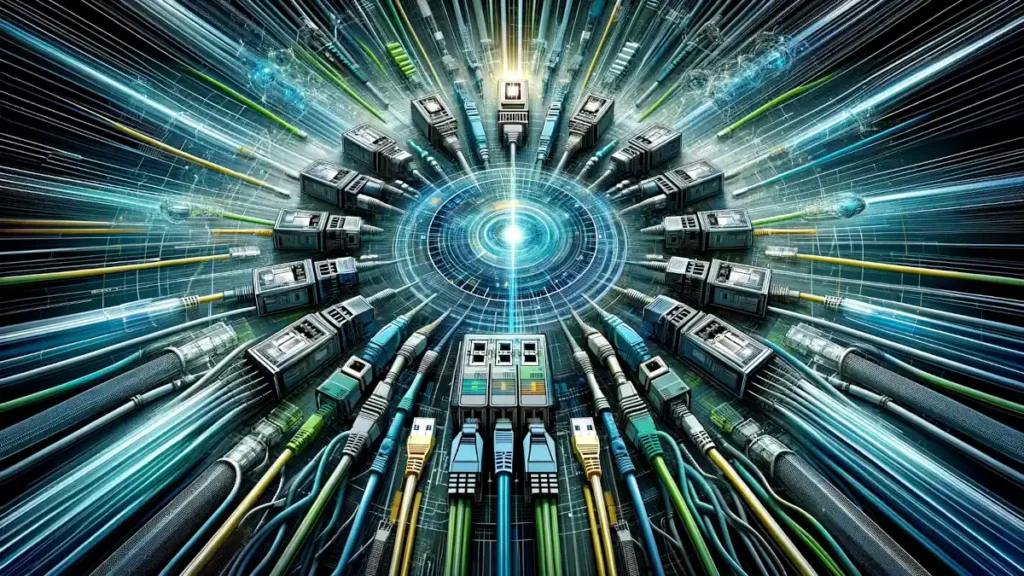 SDSL: Conceptual image representing Symmetric Digital Subscriber Line (SDSL) technology. This visualization incorporates elements of network infrastructure, like ethernet cables and a DSL modem, set against a tech-themed background.