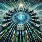 SDSL: Conceptual image representing Symmetric Digital Subscriber Line (SDSL) technology. This visualization incorporates elements of network infrastructure, like ethernet cables and a DSL modem, set against a tech-themed background.