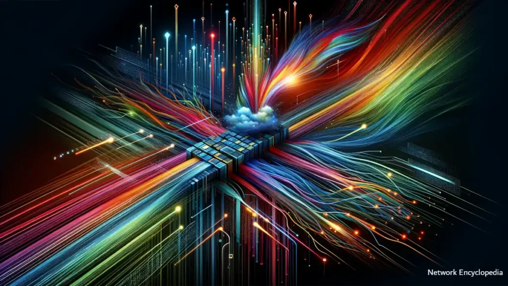 Time-Division Multiplexing: the concept of TDM with multiple data streams split into distinct time slots, merging seamlessly into a single vibrant pathway.