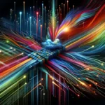 Time-Division Multiplexing: the concept of TDM with multiple data streams split into distinct time slots, merging seamlessly into a single vibrant pathway.