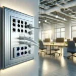 Wall Plate: a modern office setting with a detailed view of a network wall plate equipped with various connectors, emphasizing the blend of aesthetic appeal and functionality in modern network infrastructure setups.