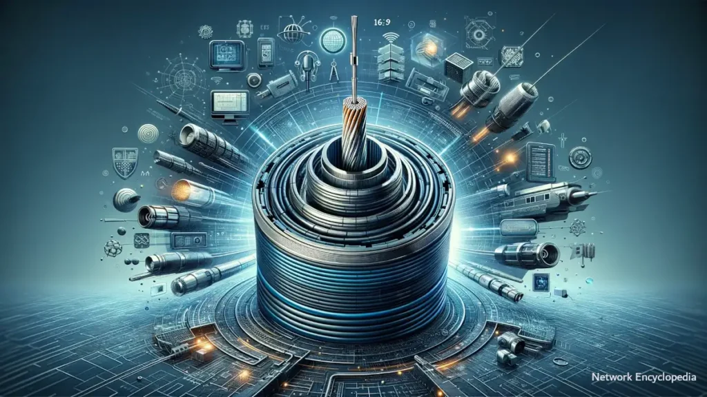 A coaxial cable with its complex structure in a cross-sectional view, surrounded by symbols that suggest its various uses in broadcasting, internet connectivity, telecommunications, and scientific research.