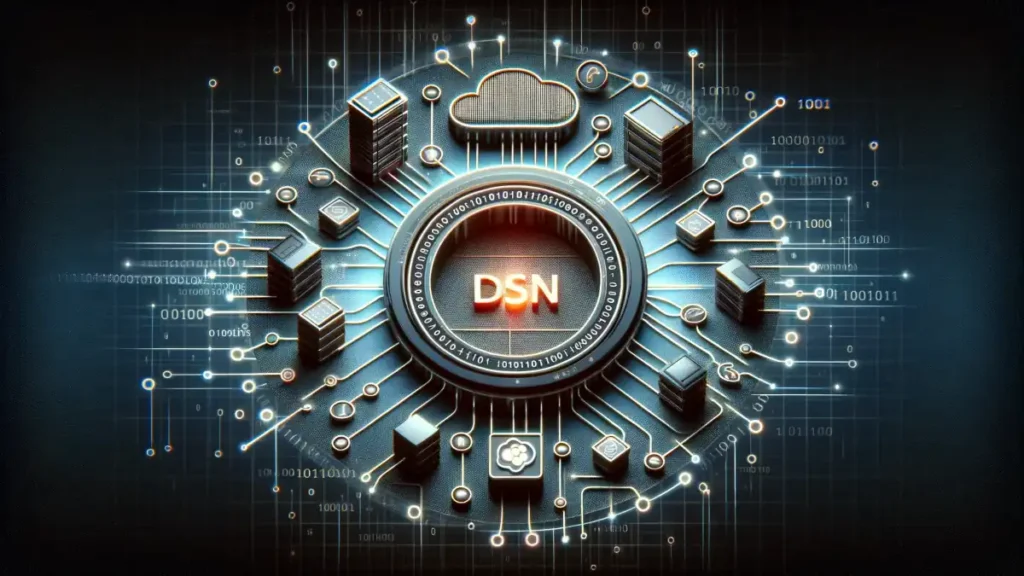 Data Source Name (DSN): a central node in the network of database management and programming, highlighting its role in connecting various devices and systems to databases.