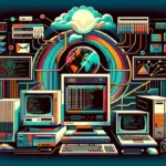 Novell NetWare Operating System: This illustration features vintage computing and networking elements, highlighting the pioneering spirit of Novell NetWare in the early days of network operating systems.