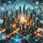 Metropolitan Area Network (MAN) in an urban setting: the essence of connectivity and technological advancement facilitated by MANs, illustrating a high-tech cityscape interwoven with digital networks.