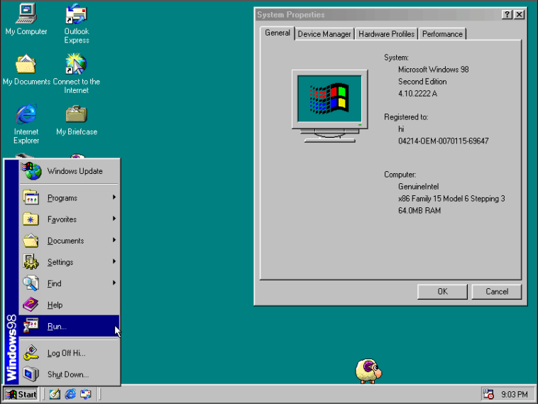 Windows 98 desktop and System Properties window