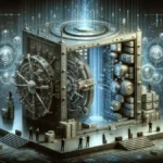 File Ownership in NTFS. The image represents the concept of file ownership, with a secure vault symbolizing the security and control aspects, and figures representing administrators, all set against a backdrop of digital networks and binary code.
