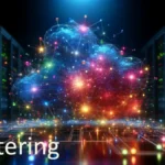 Clustering: the vibrant and colorful visualization captures the dynamic and interconnected nature of network clusters in a high-tech server room environment.