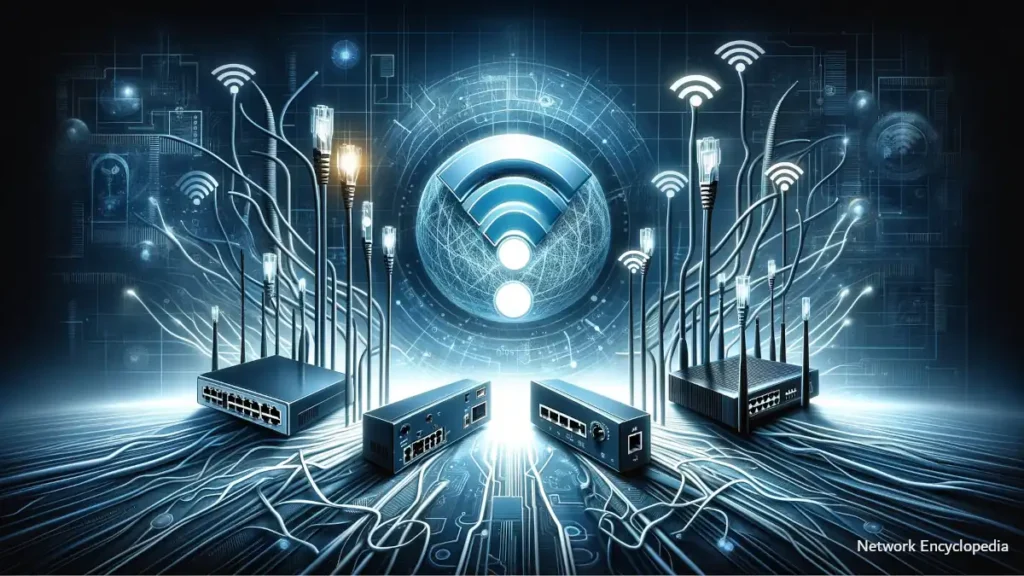 Wired vs. Wireless Networks: this image visually encapsulates the critical decision-making process involved in selecting the right network infrastructure, blending elements of both technologies in a futuristic and engaging manner.