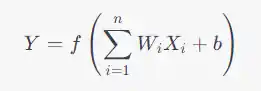 The weighted sum is passed through an activation function f to produce the output Y -> Y=f(i=1∑nWiXi+b)