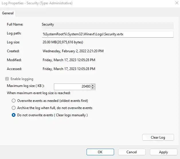 Windows security log properties