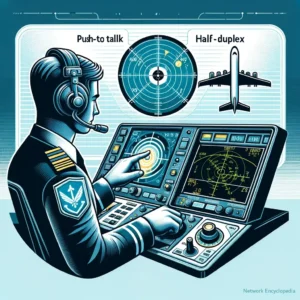 An air traffic controller actively engaged in the 'push-to-talk' functionality, highlighting the one-directional communication flow inherent in half-duplex systems.