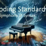Coding Standards: A Symphony of Syntax - this image creatively merges the concepts of classical music and coding, featuring a piano made of digital code in a hybrid setting of a concert hall and tech office.