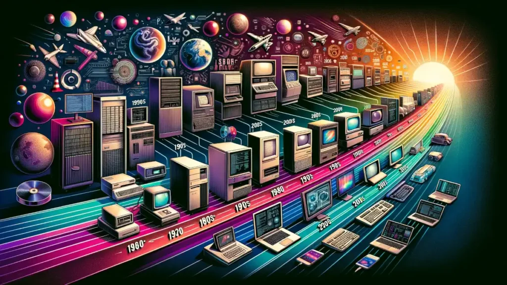The Time Traveler's Guide to Software Development: it visually represents the evolution of software development from the 1960s to the 2020s, highlighting iconic technological symbols from each era.