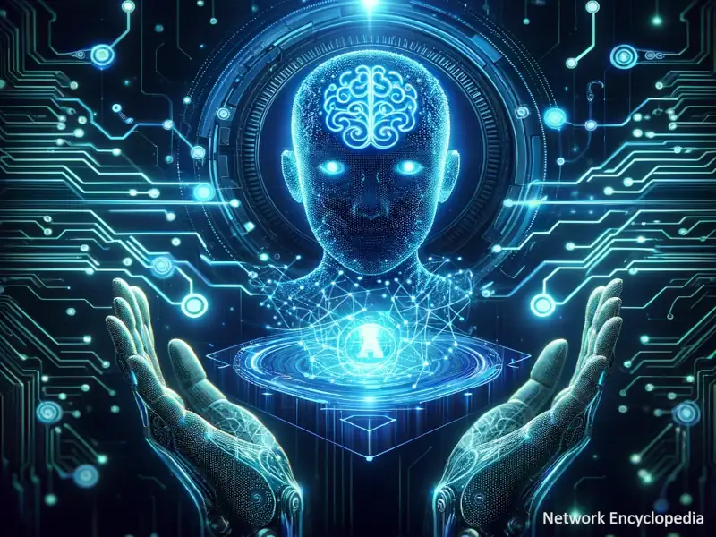 Integration with Artificial Intelligence - Featuring an artificial intelligence interface interacting with network data streams.