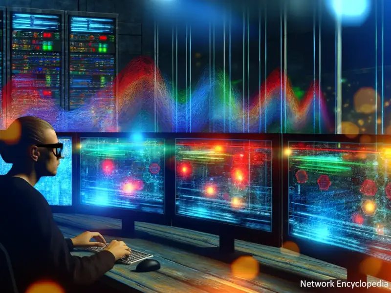 Keeping Track of Network Activity - Showing a person monitoring multiple computer screens with data visualizations in a modern control room.