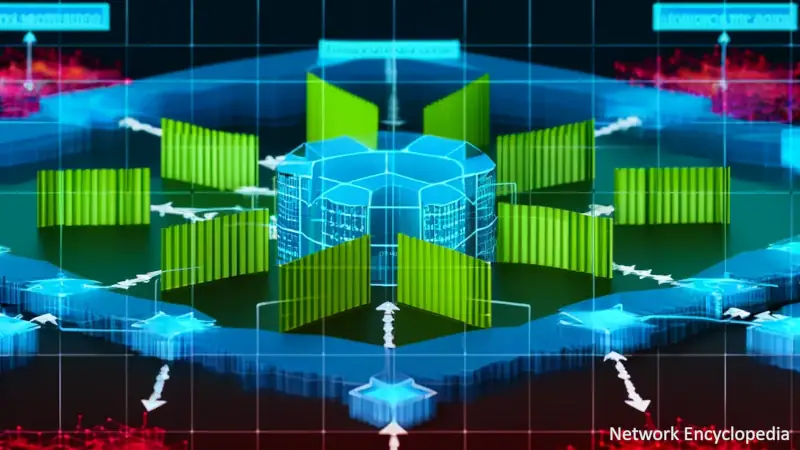 Microsegmentation and Network Security: A network diagram divided into multiple secure zones, each surrounded by digital firewalls and security measures.