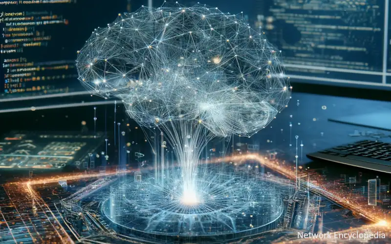 Neural Networks as Software Writers: This illustration depicts neural networks functioning as autonomous software creators.
