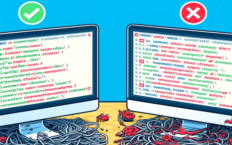 Coding standards examples: This image visually compares well-organized code to messy, unstructured code, highlighting the importance of good practices.