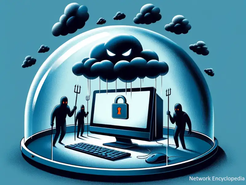 The Basic Idea of BitLocker: This image shows a computer protected by an invisible, impenetrable dome, highlighting BitLocker's ability to safeguard data.