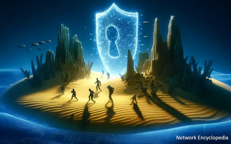 The Impact of Sandboxing on Security: The scene captures a digital landscape where a shielded area protects valuable data and programs from external threats, emphasizing the security benefits of sandboxing.