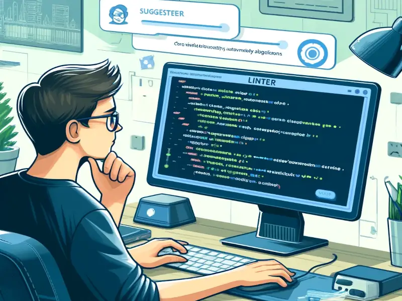 Using Linters: It shows a developer using a linter tool on their computer, with the screen displaying code analysis in action, emphasizing the tool's role in maintaining coding standards.