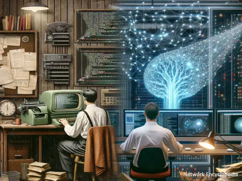 The Shift from Software 1.0 to Software 2.0: This image shows the transition from traditional programming to machine learning-based programming.