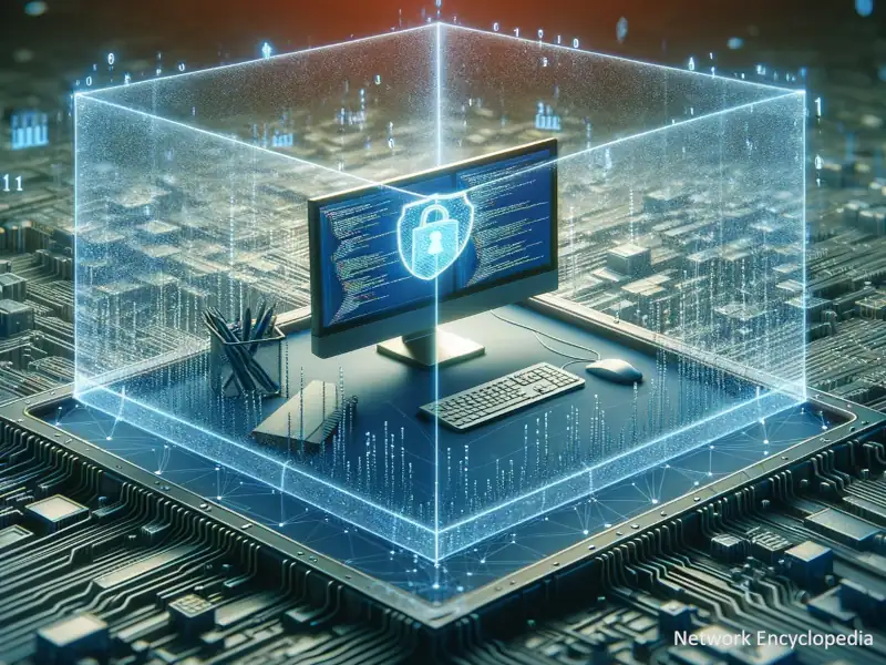 what is a Sandbox: this image shows a virtual barrier surrounding a computer with code flowing within it, emphasizing the safe and controlled digital workspace.