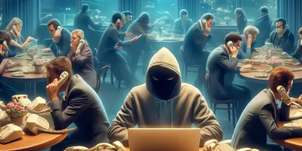 DoS Attack Illustration: This image shows a single individual overwhelming a restaurant's phone line by making multiple calls, effectively preventing legitimate calls.