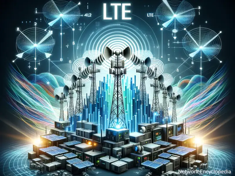 Efficiency of LTE: this technical illustration shows the advanced antenna technologies and wider bandwidths that contribute to LTE's efficiency.
