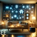 Zigbee: a cozy living room during the evening, emphasizing a serene and technology-integrated lifestyle.